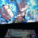 Luffy PBT keycaps Set: Side-engraved One Piece art from multiple playful angles. Light-transmitting legends glow, highlighting dynamic details.