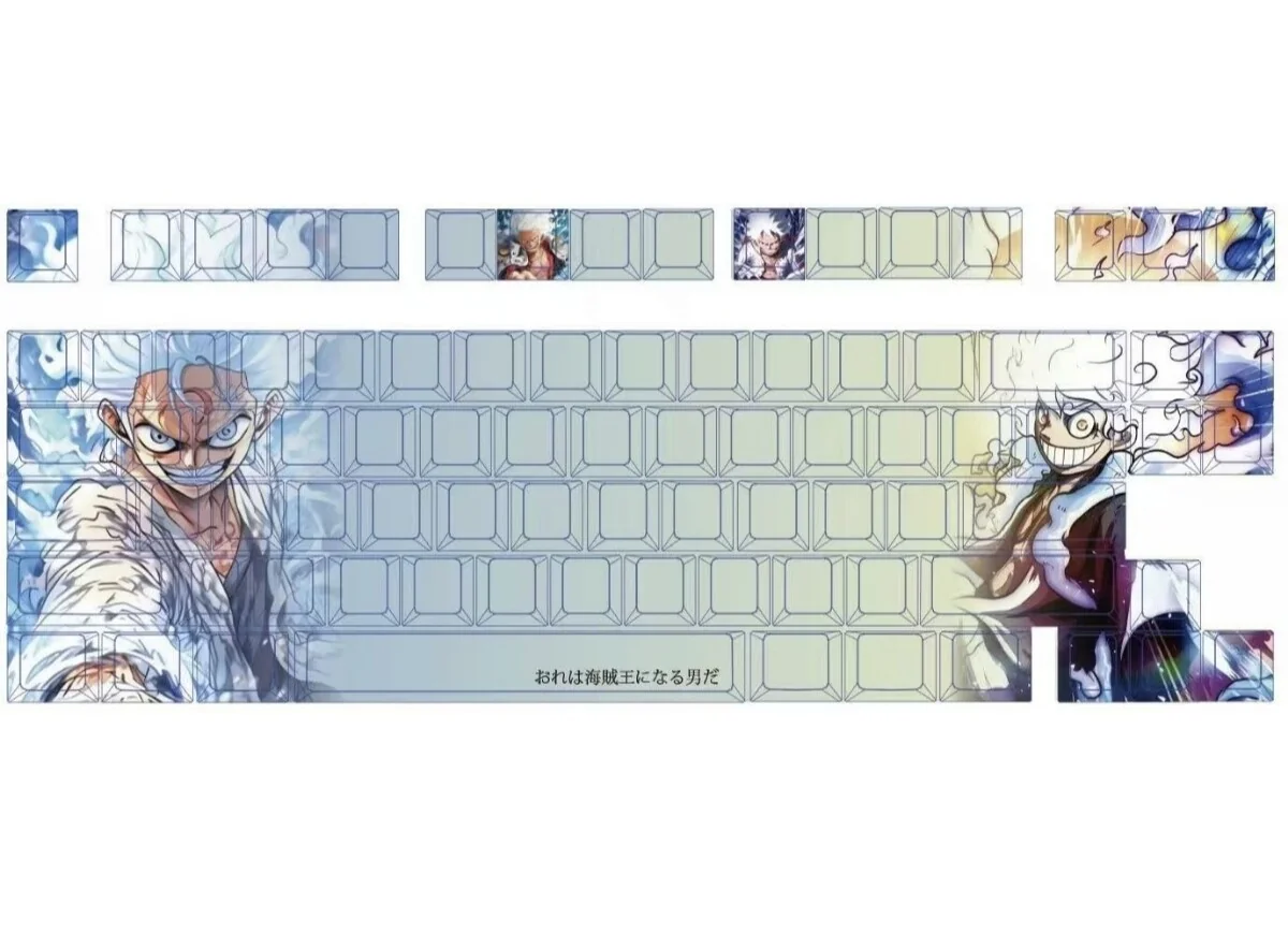 Explore different angles of the playful Luffy PBT keycaps set, featuring vibrant One Piece side-engraved art and brilliant light-transmitting legends.
