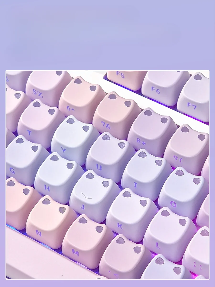 Detailed side view of the whimsical luminous cat PBT keycap set, highlighting the unique water lily pond design and the playful cat figure glowing.