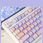 Close-up of the whimsical luminous cat keycap set, showcasing its intricate, glowing cat and serene water lily pond design bathed in soft hues.