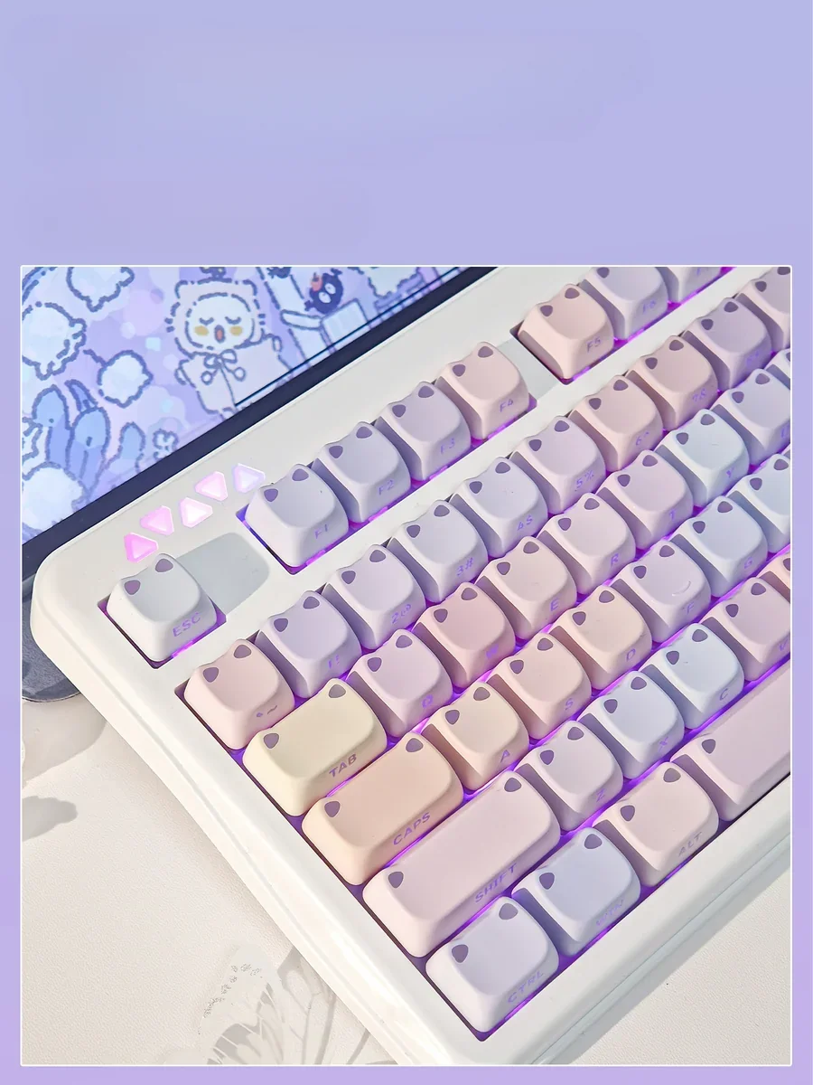 Close-up of the whimsical luminous cat keycap set, showcasing its intricate, glowing cat and serene water lily pond design bathed in soft hues.