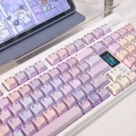 Artistic luminous cat keycap: a whimsical glowing cat rests on a serene water lily pond, bathed in soft blue and pink. Unique PBT design.