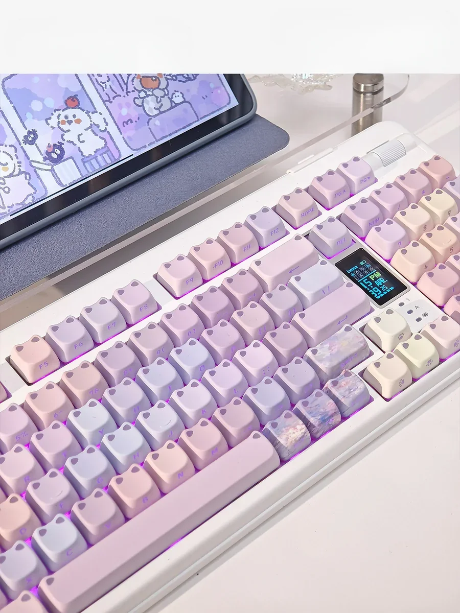 Artistic luminous cat keycap: a whimsical glowing cat rests on a serene water lily pond, bathed in soft blue and pink. Unique PBT design.