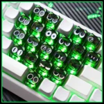 See the exclusive Luo Xiaohei translucent PC keycaps set from various angles, featuring cute anime designs, playful heart accents, and the ergonomic MAO profile.