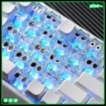 Playful Luo Xiaohei translucent PC keycaps set showcasing adorable anime characters, heart motifs, and MAO profile from various angles, highlighting their anime art.
