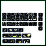 Playful Luo Xiaohei 39-key MAO profile keycap set in translucent black PC, featuring adorable anime characters and heart motifs for a unique gaming keyboard.