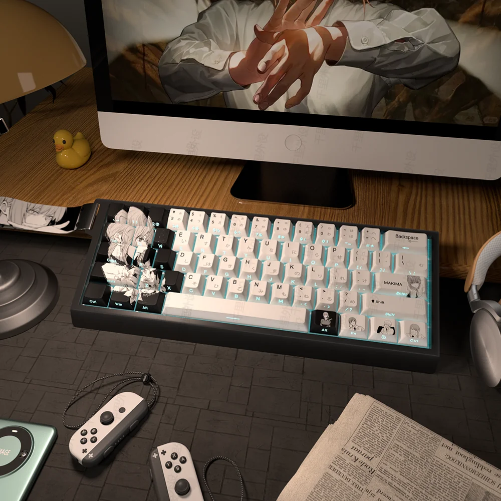 Artistic Makima Keycaps Set gallery. Vibrant dye-sublimated art and shine-through legends are showcased from various angles, highlighting the unique design.