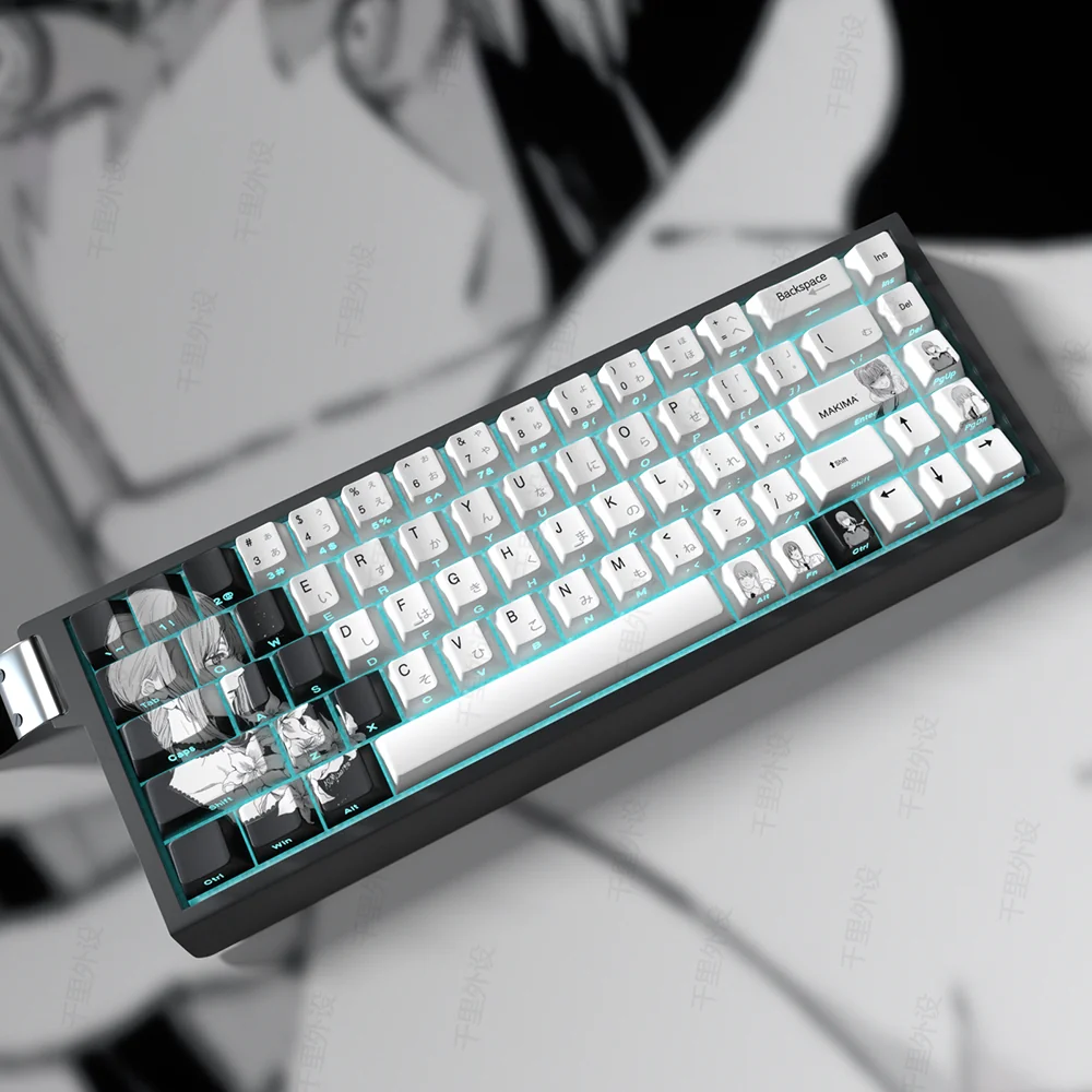 Makima Keycaps dye-sublimated shine-through set displaying vibrant colors and artistic side-printed legends from various angles, highlighting the unique design.