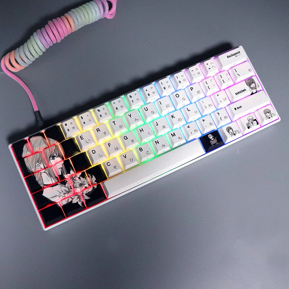 Artistic Makima Keycaps: dye-sublimated shine-through set. Multiple angles showcase Makima-inspired designs, crisp side-printed legends, luminous effect.