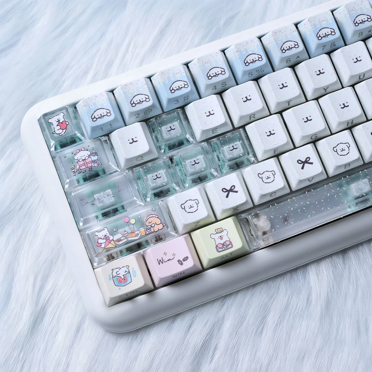Charming Maltese Dog Keycaps Set with adorable minimalist line art, showcasing durable PBT and backlit features from playful angles.