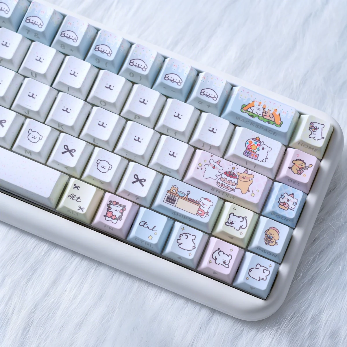 Close-up of charming Maltese Dog Keycaps Set with adorable minimalist line art, showcasing their durable PBT dye-sub material and backlit details.