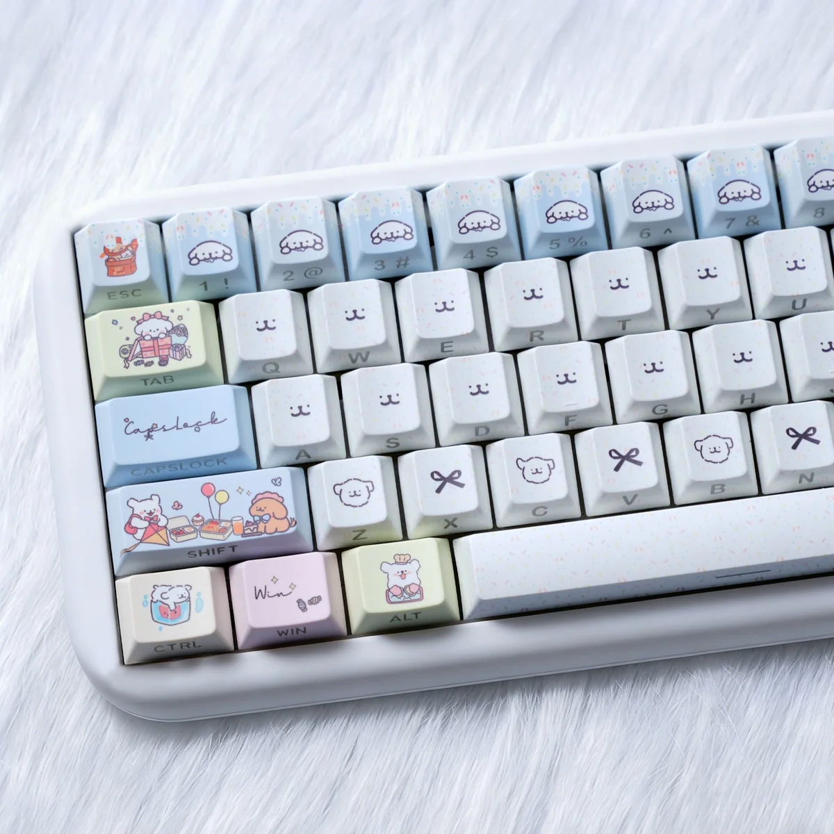 Charming Maltese dog keycaps set: detailed view of adorable minimalist line art on durable PBT, backlit, with a playful, serene style.