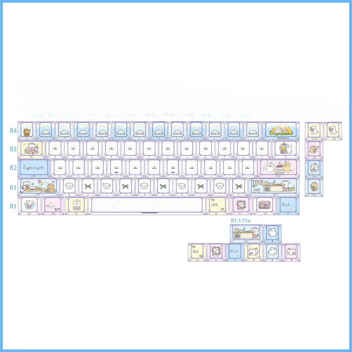 Charming 74-key Maltese dog keycaps set with playful minimalist line art, crafted from durable PBT for 60-65-68 backlit mechanical keyboards.