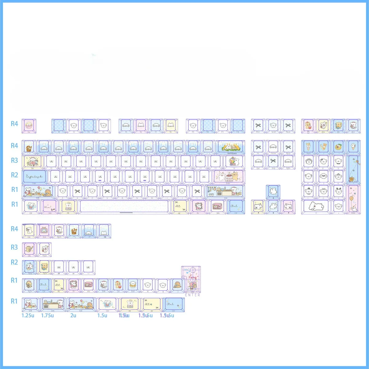 Charming Maltese dog keycaps set featuring minimalist line art designs on a full 140-key PBT dye-sub set, showcasing playful backlit puppies for a unique design.