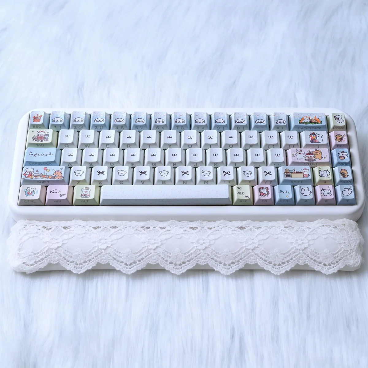 Charming Maltese Dog Keycaps Set featuring adorable minimalist line art, showcasing durable PBT dye-sub construction with backlit compatibility. Playful design.