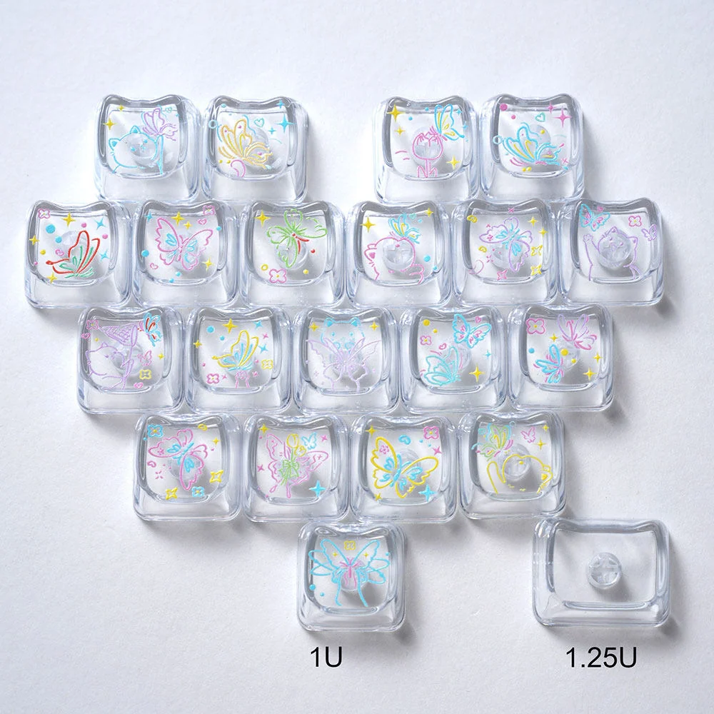 Artistic MAO keycap set: transparent PC butterfly heart keycaps with optional glitter, shown from angles revealing unique MAO profile.
