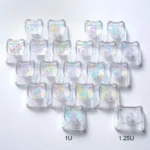 Artistic transparent PC MAO keycap set showcasing elegant line art butterflies and hearts with optional glitter, viewed from various angles.