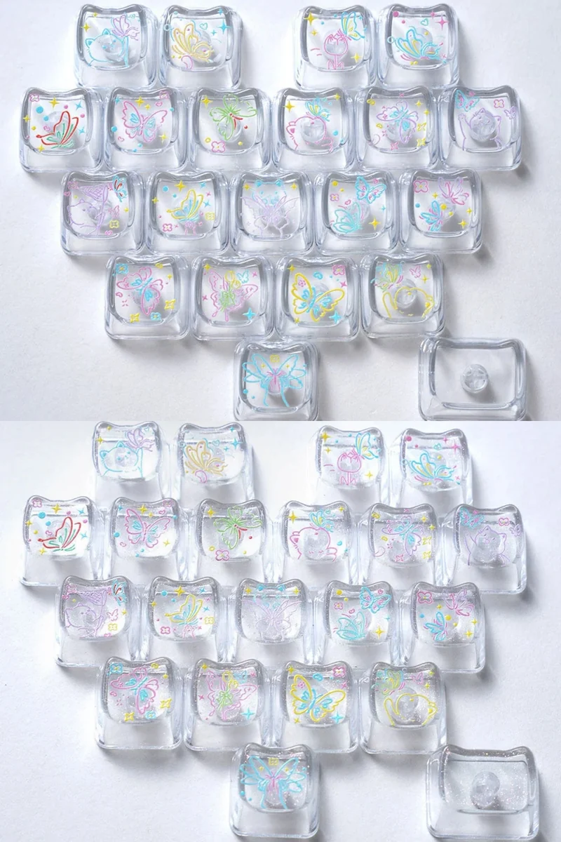 Artistic MAO keycap set, transparent PC with elegant line art butterflies and hearts, highlighting its unique MAO profile.