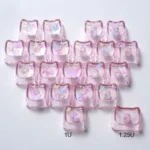 Luminous MAO profile keycaps set featuring whimsical butterfly and heart accents, shown from multiple angles. Vibrant colors glow on translucent PC.
