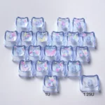 Luminous MAO profile keycaps set with whimsical butterfly heart accents, captured from multiple playful angles to highlight their vibrant translucent glow design.
