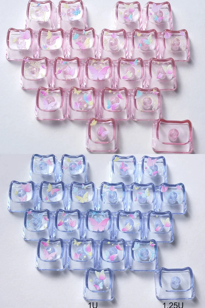 Luminous MAO profile keycaps set featuring whimsical butterfly heart accents glow with vibrant colors, showcasing their unique translucent PC design.