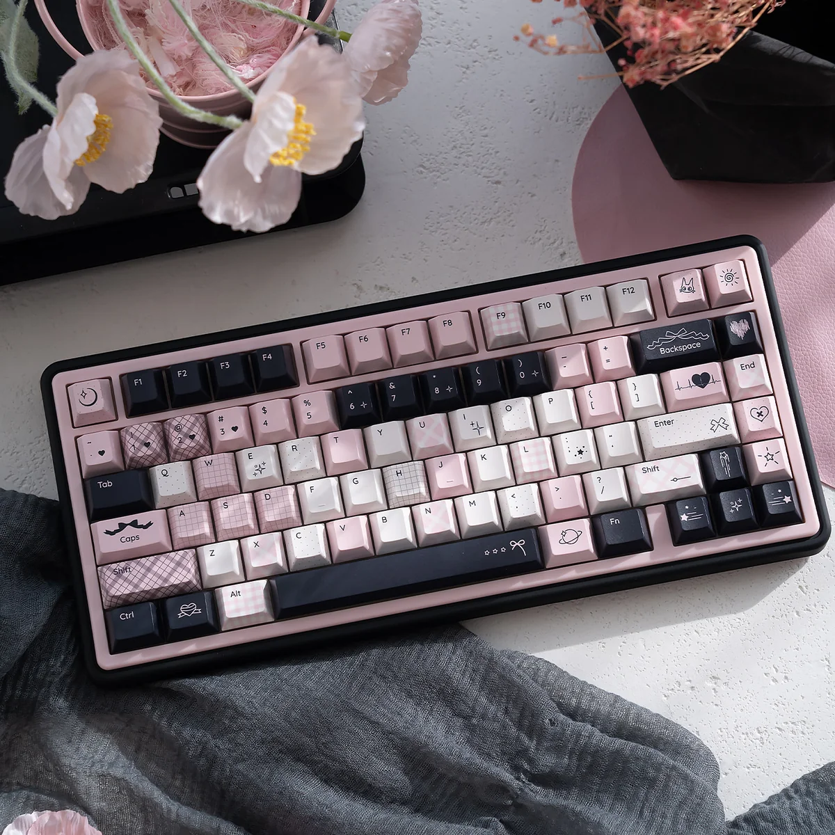 Mercury Keycap Set: Durable PBT dye-sublimated keycaps, showcasing ethereal blue and pink cosmic designs from various artistic angles.