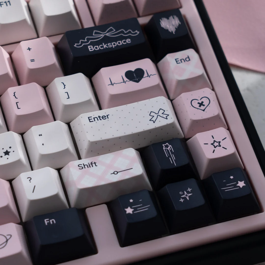 Artistic close-up of the durable Mercury Blue & Pink Cherry Keycap Set, revealing dreamy cosmic blues and pinks.