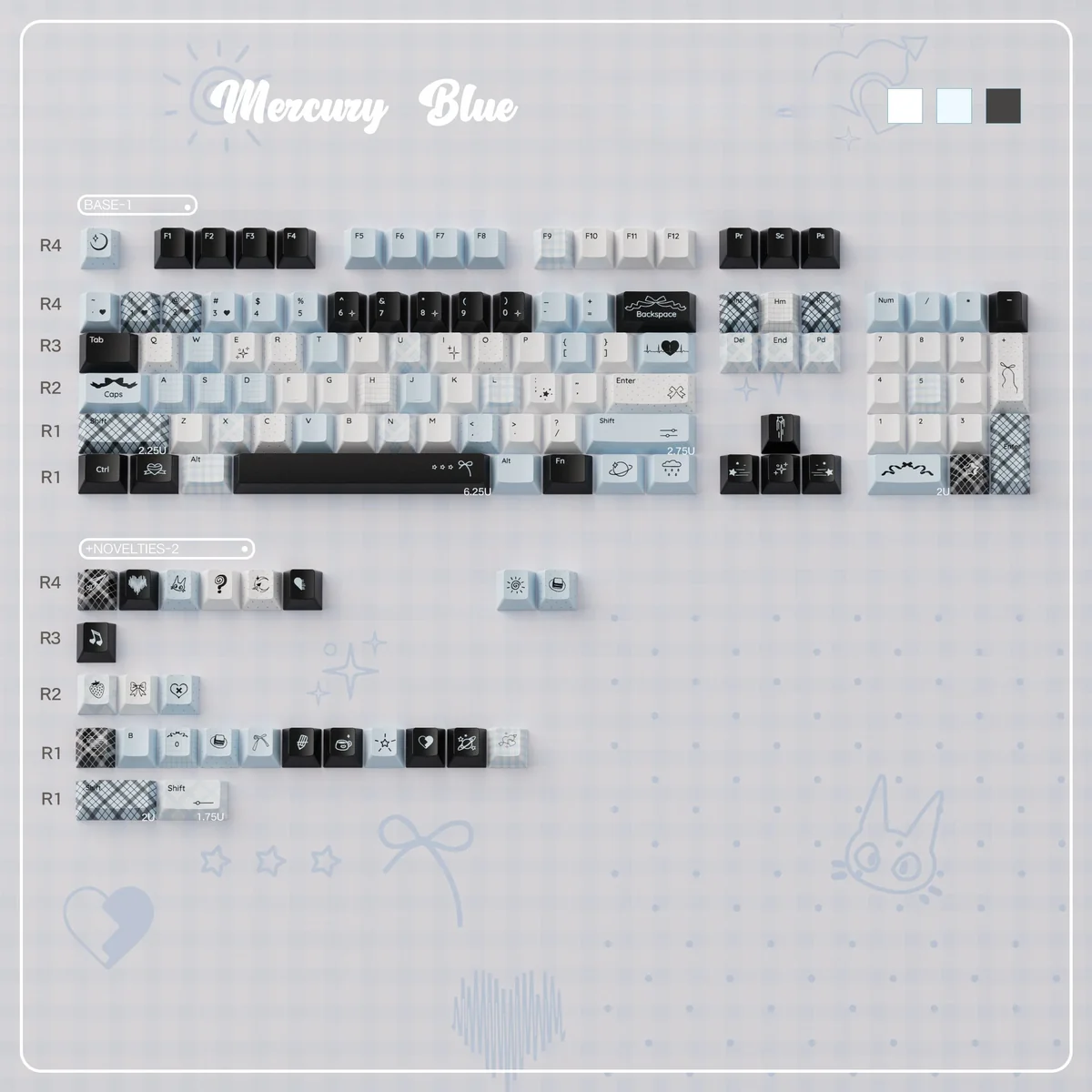 Various angles of the durable PBT dye-sub Mercury Keycap Set, highlighting its cosmic design in dreamy ethereal blues and pinks.