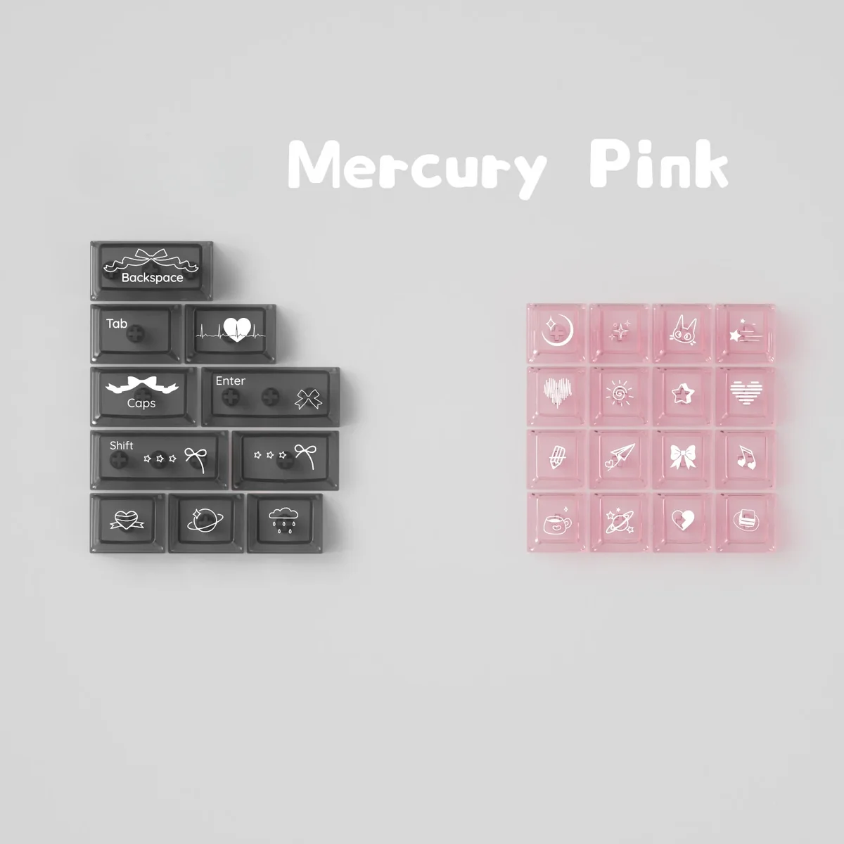 Celestial Wonder PBT dye-sub Mercury Keycap Set variant showcasing black keys with ethereal blue mist transparent accents, a durable 26-key supplement.