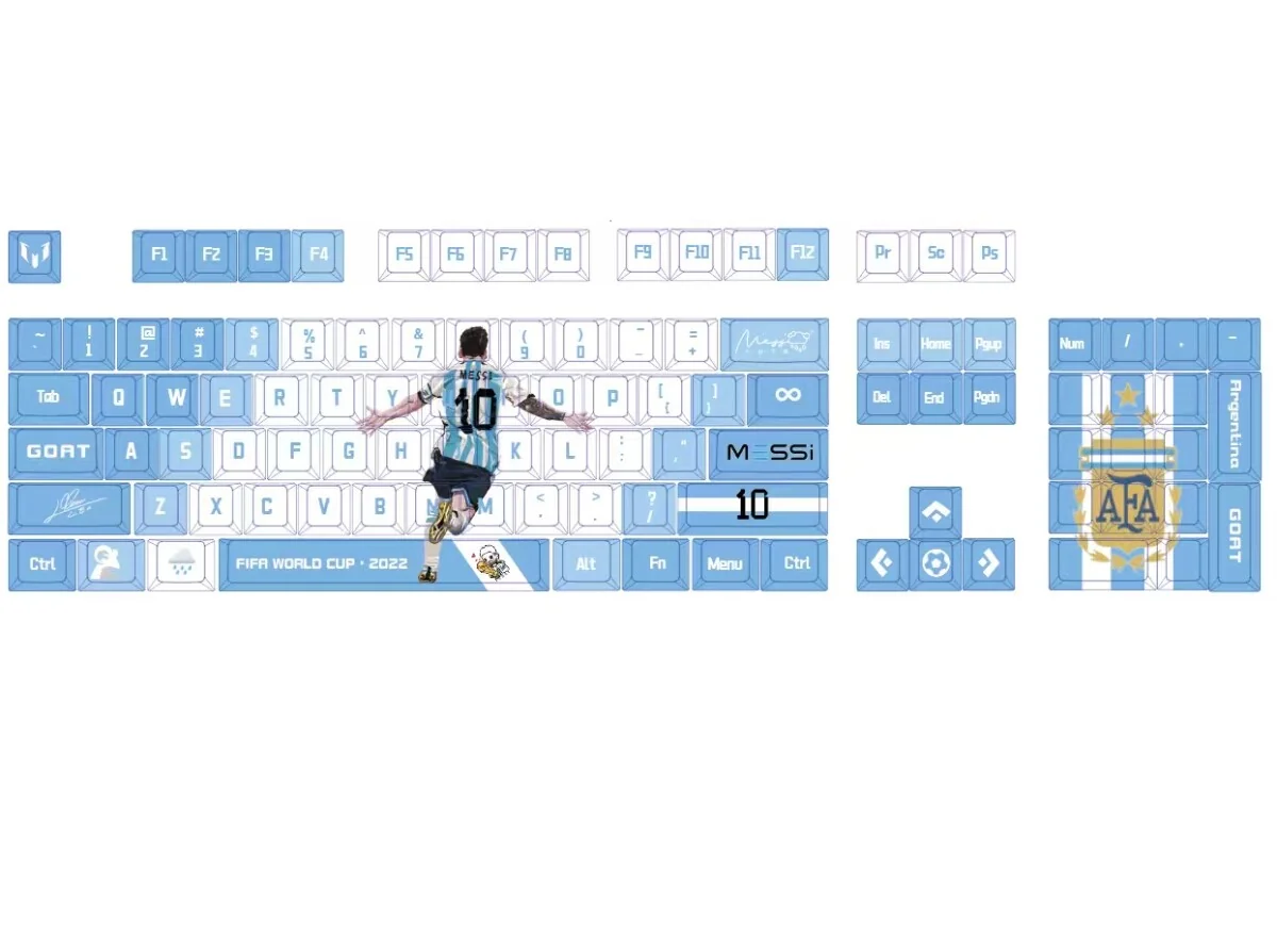 Dynamic gallery views of the exclusive Messi PBT dye-sub keycaps set, celebrating legendary Lionel Messi with vibrant football colors and iconic imagery .