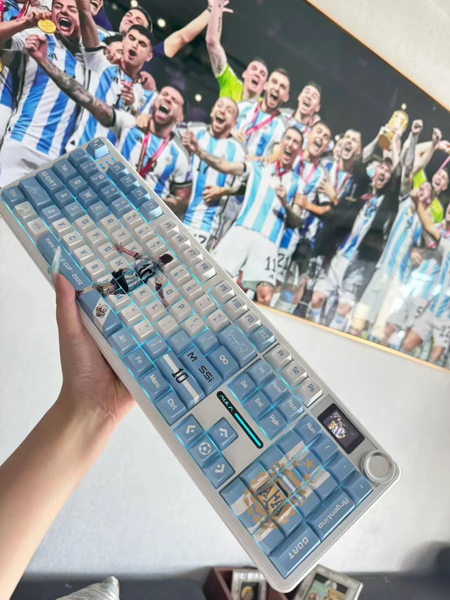 Vibrant Messi Keycaps Set, an exclusive PBT dye-sub set, displaying dynamic Lionel Messi art and bold football colors for the ultimate fan experience.