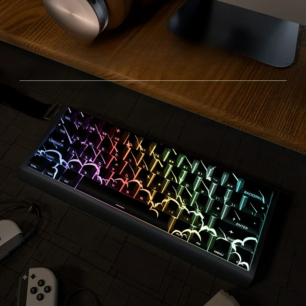 Stunning Meteor Shower PBT Dye-Sub keycaps set. Gallery shows vibrant cosmic design, detailing the celestial design from various angles.