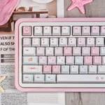 Charming Pixel Miffy PBT keycap set in a vibrant pixel art Miffy design with a playful pink palette, displayed from multiple keyboard angles.