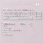 Charming Pixel Miffy PBT Keycap Set product gallery, showcasing vibrant pixel art Miffy designs in pink from various angles for playful keyboard.