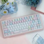 Playful Miffy Keycaps and friends in a refractive translucent PBT set, showcasing whimsical characters with vibrant, light-catching facets.