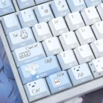 Close-up gallery view of whimsical Miffy side-engraved translucent PBT keycaps set, showcasing charming Miffy characters from various angles with illuminate design.