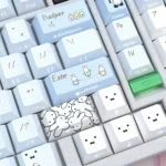 A playful Miffy Side-Engraved Translucent PBT Keycap Set, showcased from various angles to highlight the charming Miffy characters and illuminated legend.