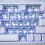 Whimsical Miffy & Friends translucent MAO supplement keycaps set, showcasing playful Miffy and heart designs from various angles, glowing with charming PC aesthetics.
