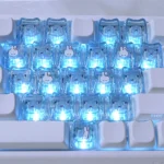 Whimsical Miffy & Friends translucent MAO supplement keycaps set featuring glowing Miffy and heart designs from a playful angle, enhancing any keyboard.