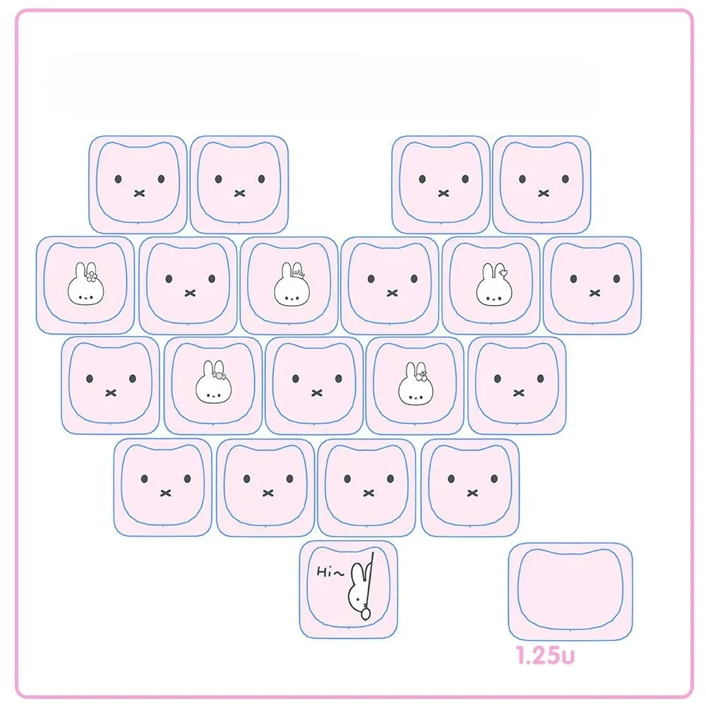 Playful Miffy & Friends translucent pink MAO supplement keycaps set, featuring whimsical Miffy rabbit designs glowing softly.