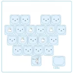 Playful Miffy & Friends translucent blue MAO supplement keycaps set. This 21-piece Miffy keycaps set glows with whimsical Miffy and heart designs.