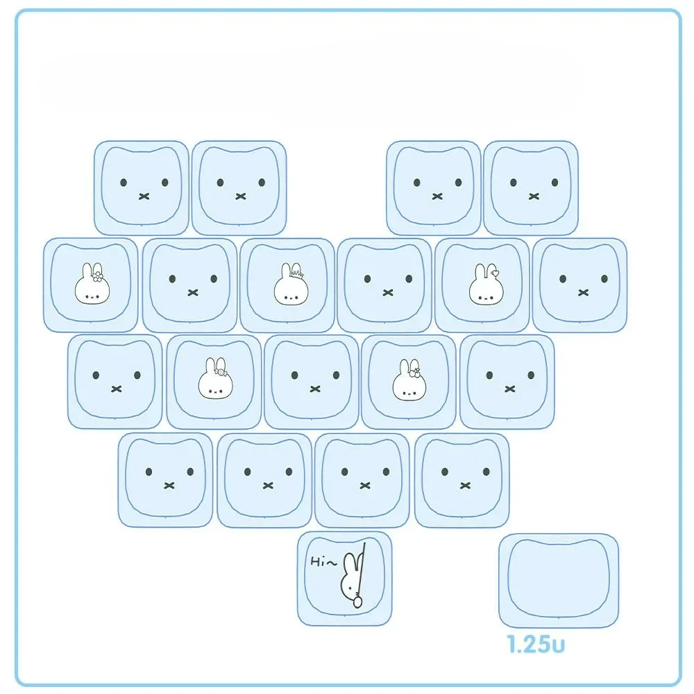 Playful Miffy & Friends translucent blue MAO supplement keycaps set. This 21-piece Miffy keycaps set glows with whimsical Miffy and heart designs.