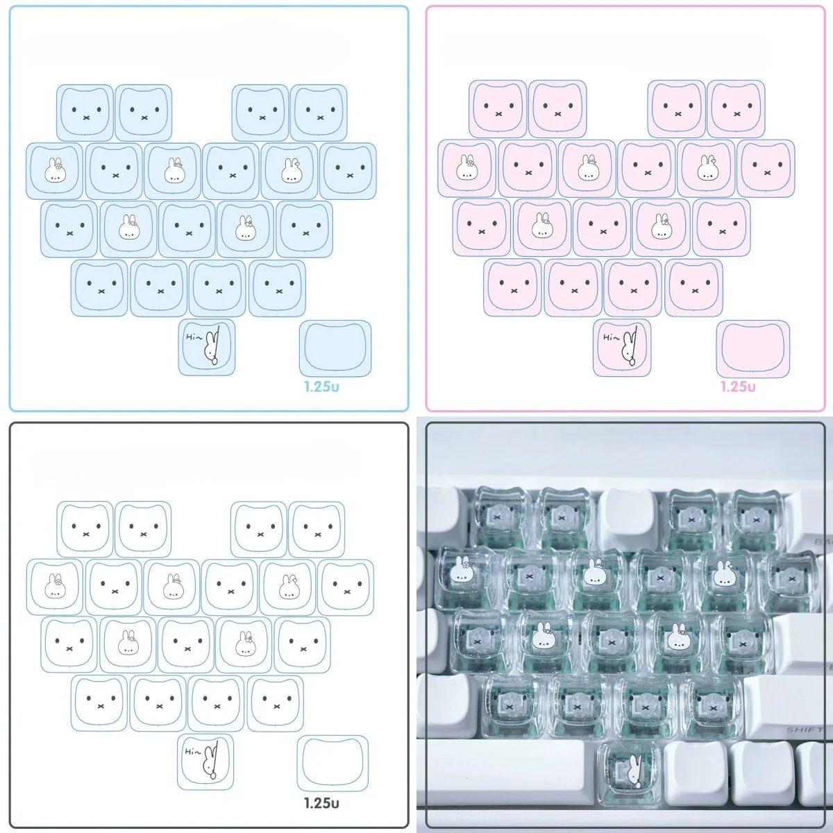 Playful Miffy & Friends translucent MAO supplement keycaps set featuring whimsical Miffy and heart designs, glowing beautifully on a keyboard.