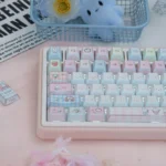"A collection of cute Miffy & Friends 3-mode wireless RGB mechanical keyboard images, showcasing its pastel design and playful Miffy.