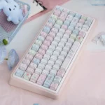 Product shots of the cute Miffy & Friends 3-mode wireless RGB mechanical keyboard, highlighting its soft pastel colors and playful Miffy character.