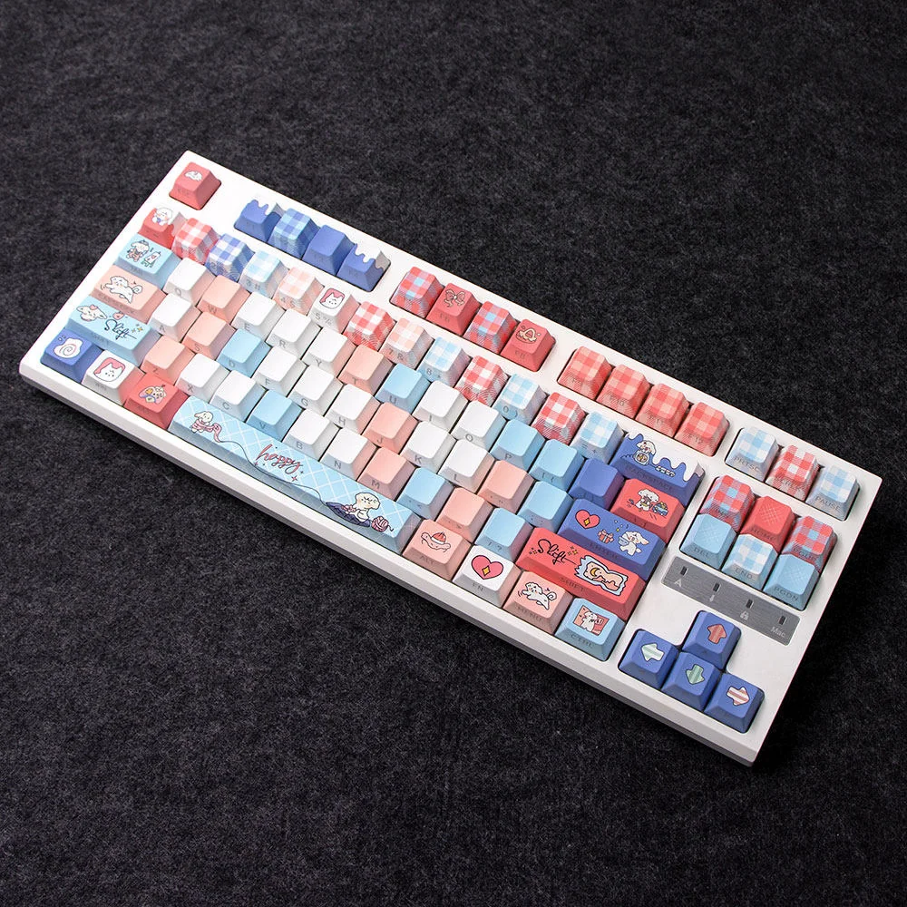 First Love Milk & Puppy Keycaps Set, Cherry Profile. Adorable pastel keycaps with playful puppy motifs and charming milk accents, evoking innocent design.