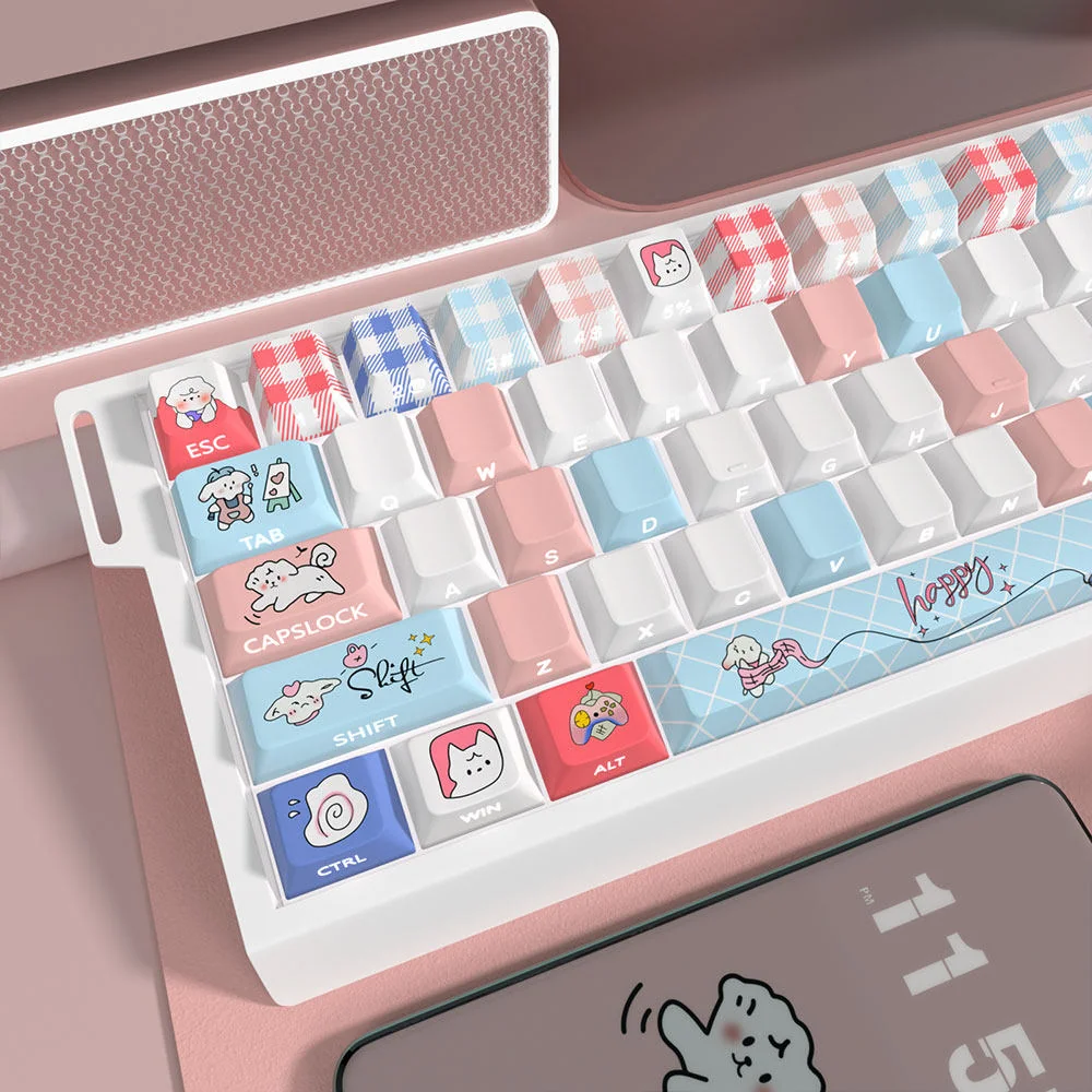 Adorable First Love Milk & Puppy Cherry Profile keycaps set, showcasing soft pastel colors and charming puppy and milk designs from multiple angle.