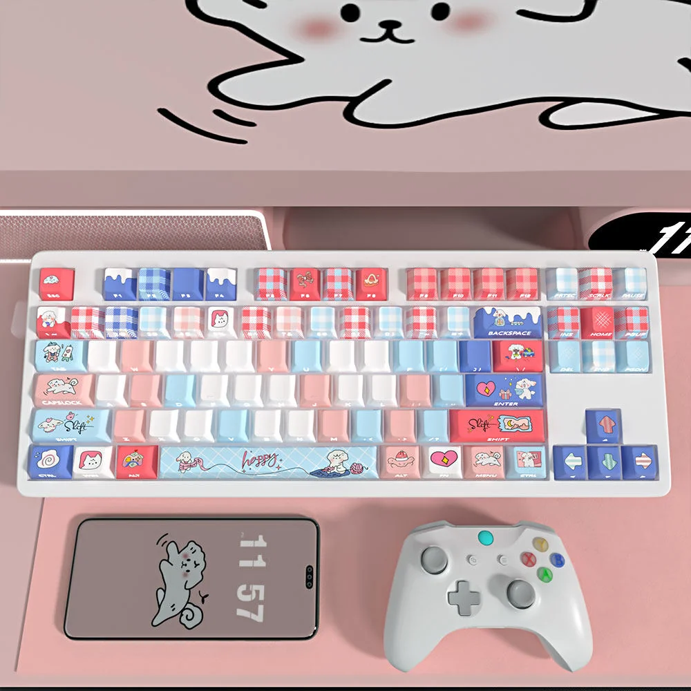 Detailed view of the endearing First Love Milk & Puppy Keycaps Set, highlighting the soft pastel colors and charming puppy motifs on Cherry Profile keycaps.