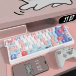 First Love Milk & Puppy Keycaps Set, Cherry profile, in multiple views. Soft pastel keycaps feature adorable puppy and milk designs, for playful design.