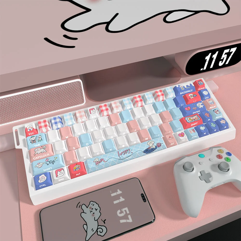 First Love Milk & Puppy Keycaps Set, Cherry profile, in multiple views. Soft pastel keycaps feature adorable puppy and milk designs, for playful design.